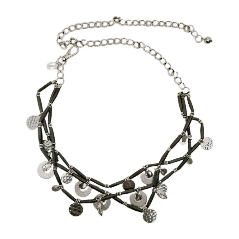Vtg Chicos Boho Multi Strand Belt or Necklace Black Wood Silver Hammered Disc